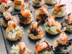 Fish,,Vegetable,Canapes,On,Festival,Wedding,Table,Outdoor.,Catering,Service.